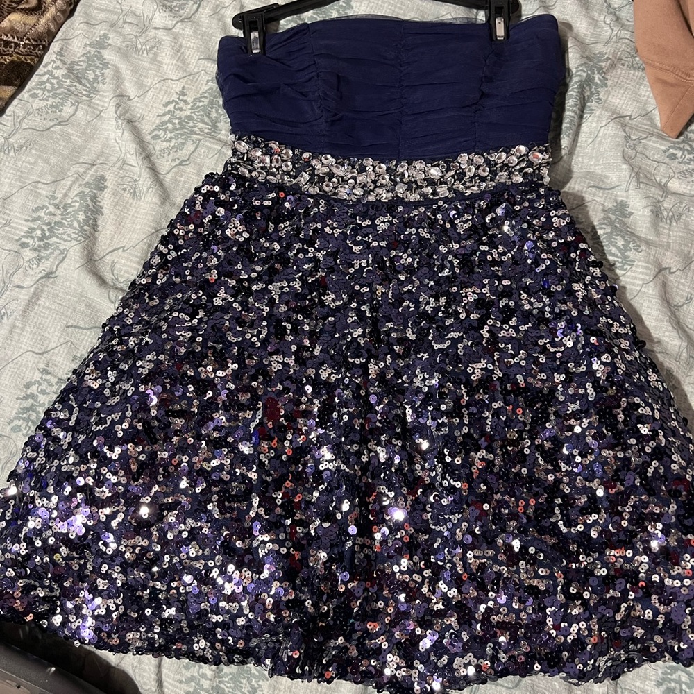 Navy Blue Sequin Strapless Dress